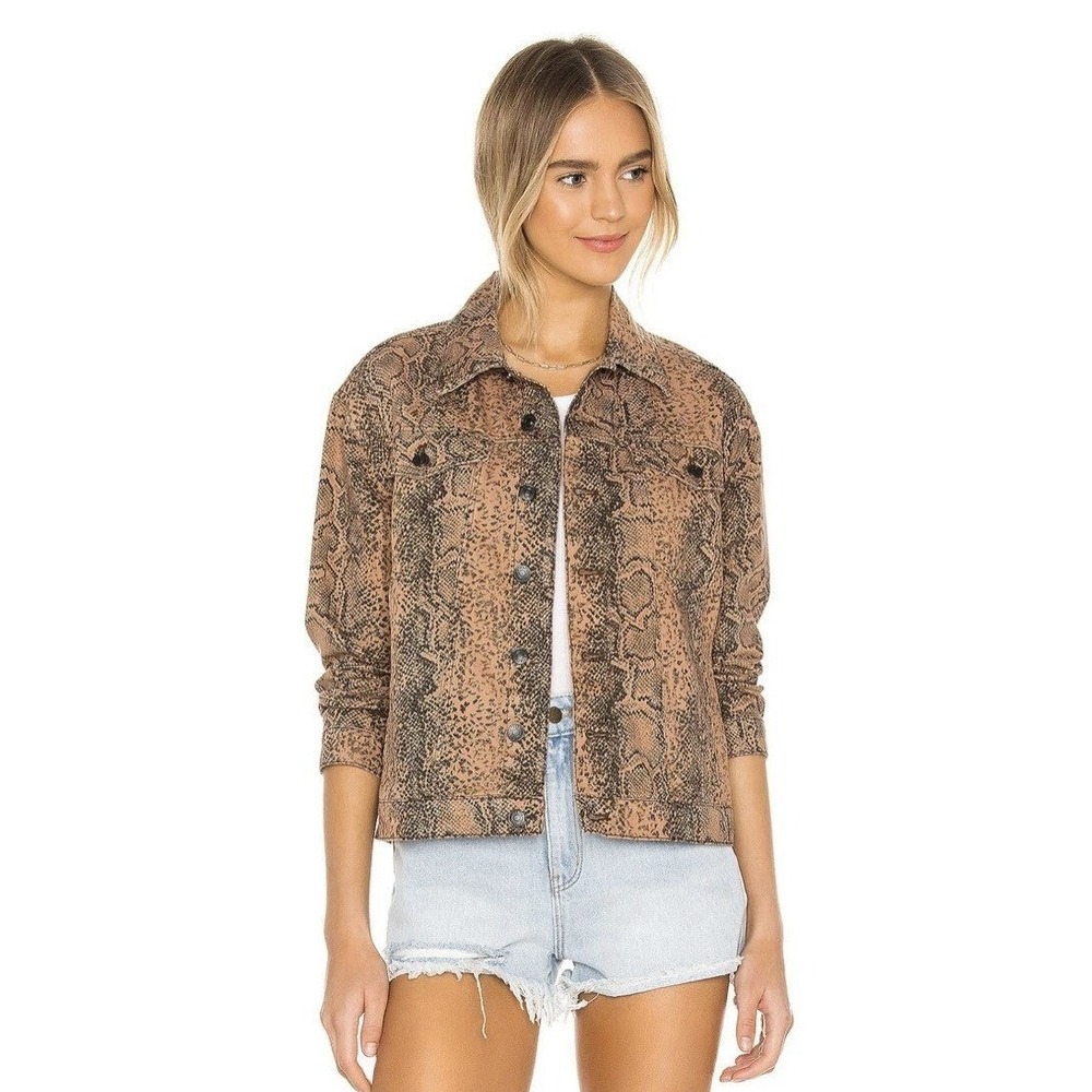 Free People Women's Snake Printed Collared Skin Trucker Jean Jacket Size Large - Picture 1 of 14